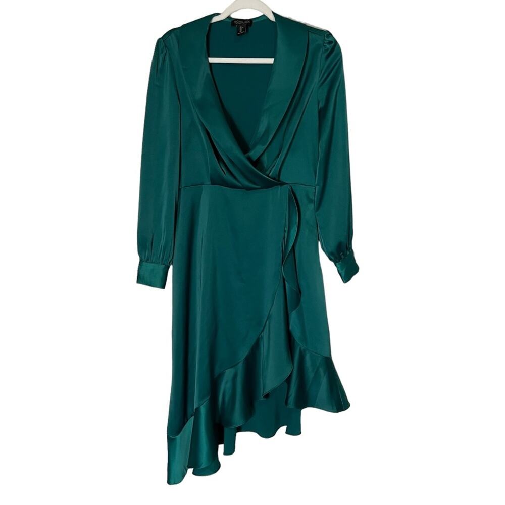 Rachael Zoe turquoise satin long sleeved faux wrap dress